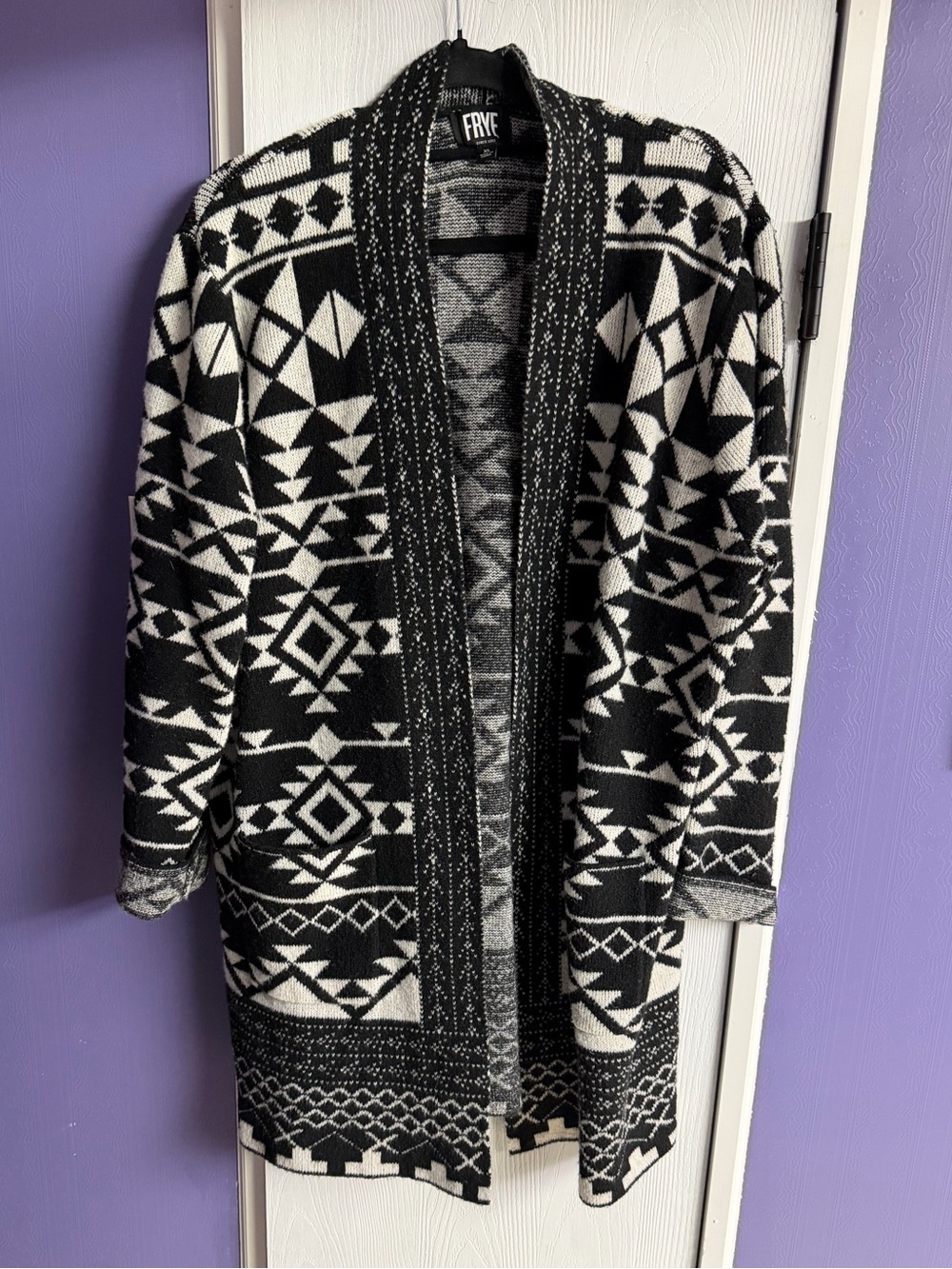 FRYE Black and White Geometric Open-Front Cardigan